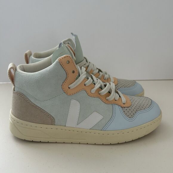 Veja V-15 Leather And Suede Sneaker Womens 8 Jade White Multico High Top Shoes - Picture 2 of 10